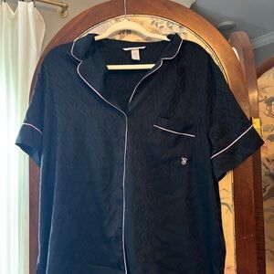 Victoria Secret Pajama Set with Shirt and Shorts, Black with Pink Piping, XL